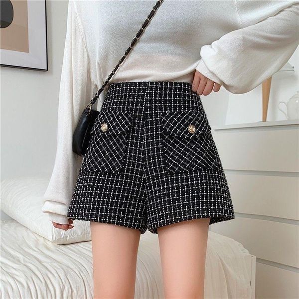 

women's shorts 2021 autumn winter plaid high waist vintage loose wide leg booty streetwear plus size calsones de mujer, White;black