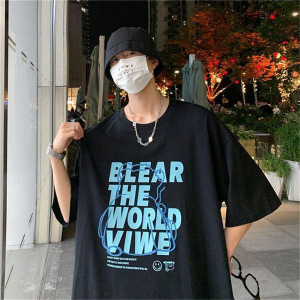 

men's t-shirts 100% cotton summer little bear letter print t-shirtÂ streetwear casual loose high street tees hip hop korean style t-shir, White;black