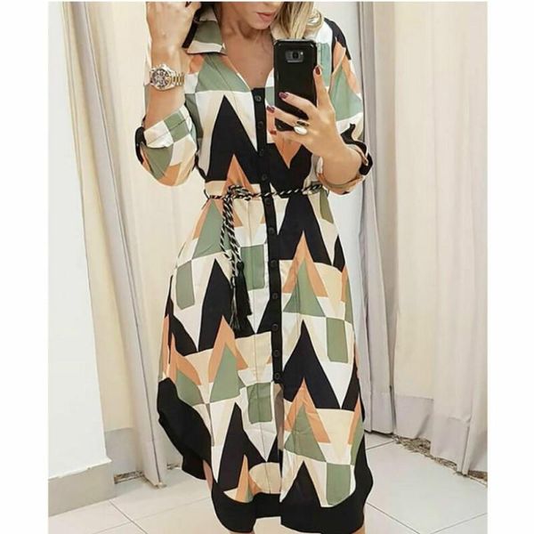 

casual dresses autumn spring women streetwear belted shirt style ol dress long sleeve wave print home vestido plus size s-2xl, Black;gray