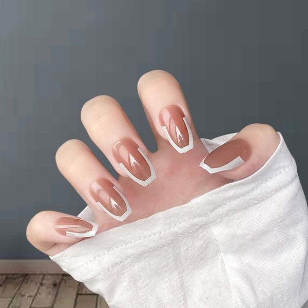 

false nails brown medium length french coffin press on jp1635-b3, Red;gold