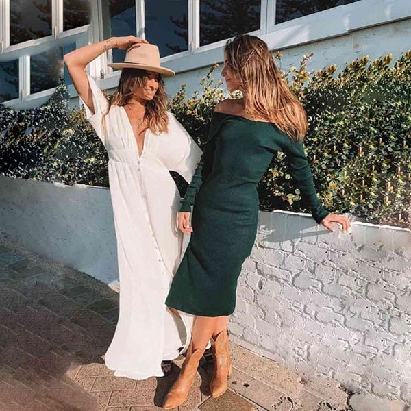 

off the shoulder knitted ribbed women's dress long sleeve split midi dresses women autumn trendy casual ladies vestido 210524, Black;gray