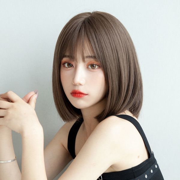 

bob wig girl with short, straight wig and a korean-style hair cover, Black