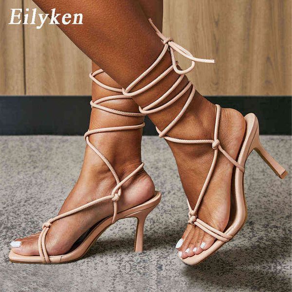 

eilyken fashion design square head woman sandals shoes ladies ankle lace-up high heel sandalias plus size 35-42 y220211, Black