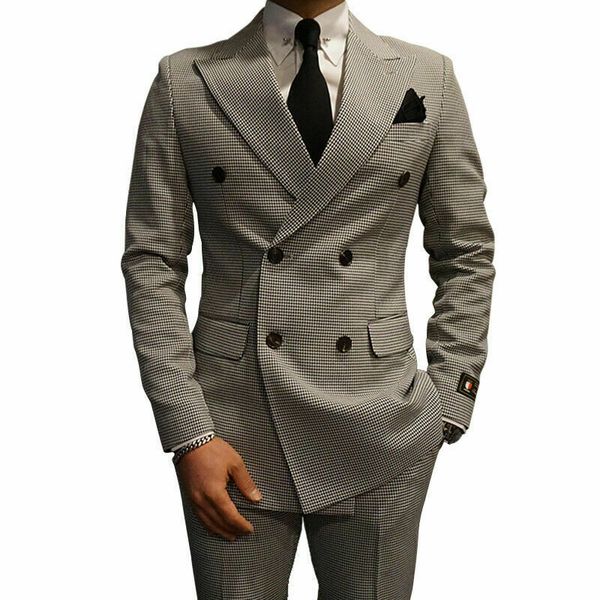 

vintage double breasted mens suit jacket pant 2 pcs dark gray custom made formal suits wedding tuxedos business, Black