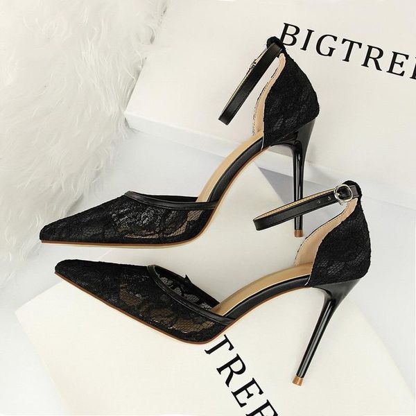 

dress shoes bigtree women pumps office lady pointed toe flock mesh lace 10cm thin high heels wedding fashion, Black