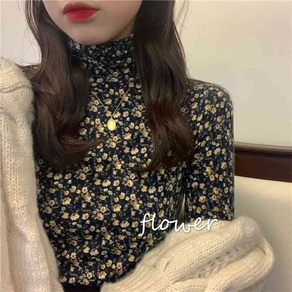

inside little flower t shirt women stretchy long sleeve turtleneck tee shirt femme chemisier autumn winter camisa mujer 210401, White