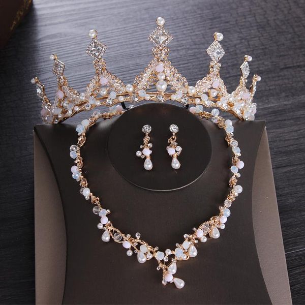

earrings & necklace baroque pink crystal pearl bridal jewelry sets earring rhinestone vintage tiara crown wedding african beads set, Silver