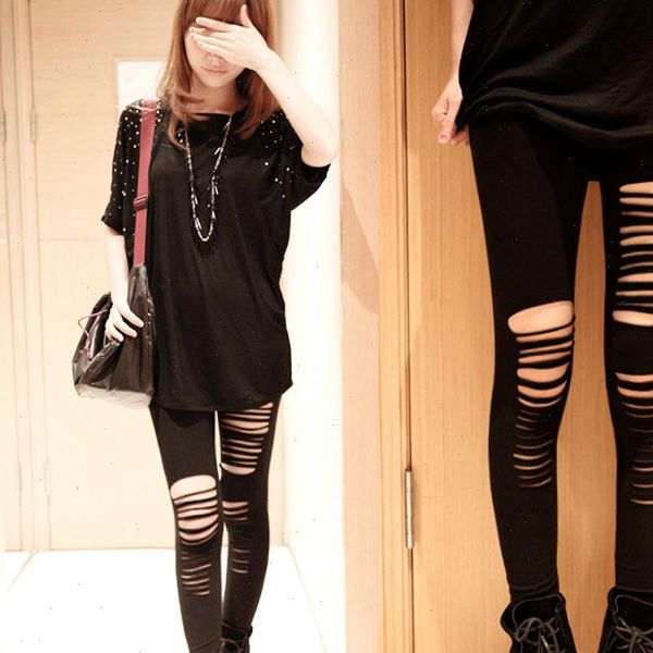 

women legging pants spring summer autumn balck solid hole casual sale high waist fashion leggings, Black