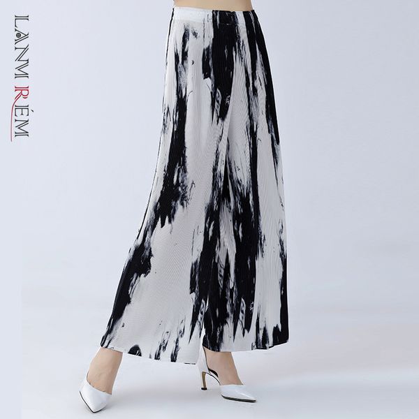 

pleated wide leg pants black white high waist elastic plus size casual female trousers women spring summer 2a3418 210507