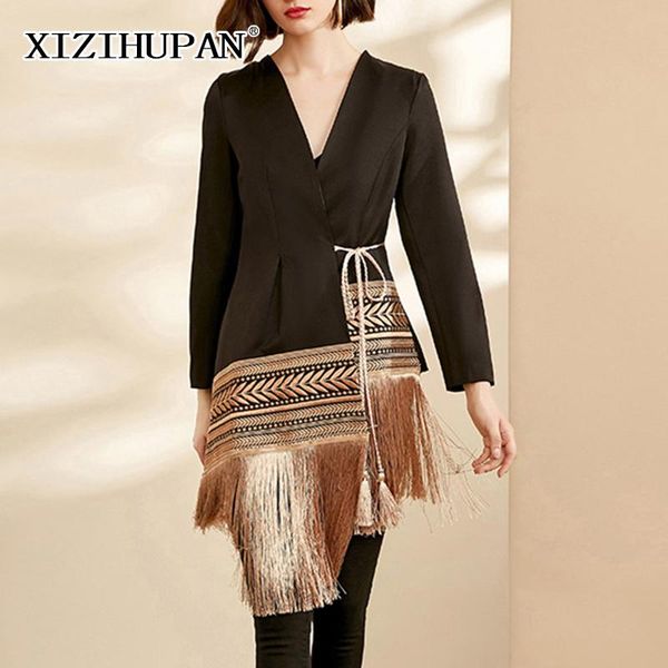 

women's suits & blazers xizihupan slim blazer for women v neck long sleeve patchwork tassel hit color designer bohemian female 2021 clo, White;black