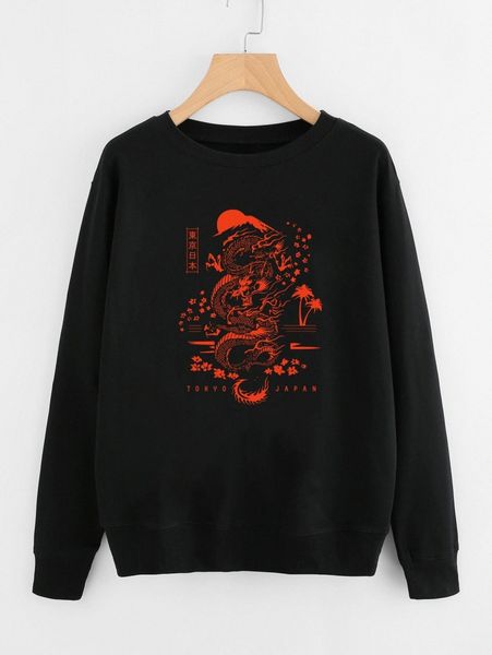 

plus chinese dragon and letter graphic pullover p048#, Black