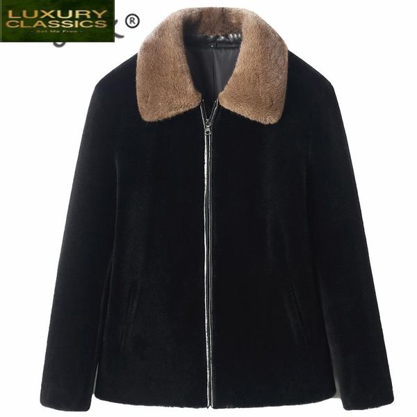 

men's leather & faux fashion winter coat male real fur men clothes 2021 korean casual sheep shearing jacket + mink collar hiver 19002, Black