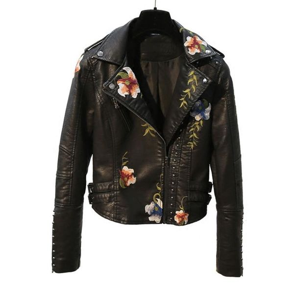 

women's leather & faux high-quality spring autumn korean women slim black rivet embroidery motorcycle jacket long sleeve short pu coat