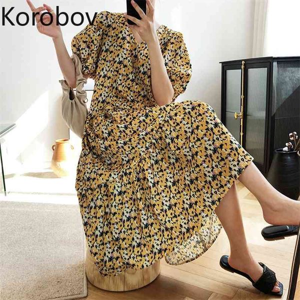 

korobov korean v neck flower print women dress a-line sweet high waist puff sleeve vestidos femme summer new chic beach dresses 210430, Black;gray