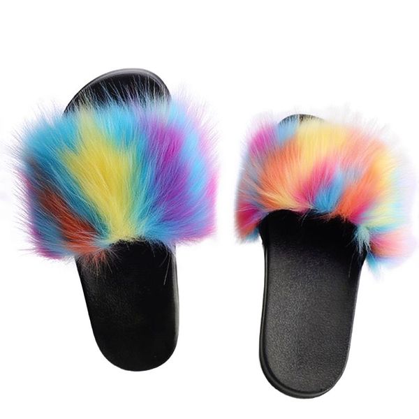 

winter female fluffy fur slides cute rainbow flip flops women's furry slippers indoor warm plush sandals childrens shoes, Black