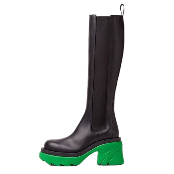 

2021 sheepskin leather chucky med heels shoes chelsea martin boots long booties round toes knee catwalk bottom platforms muffin base mix col, Black