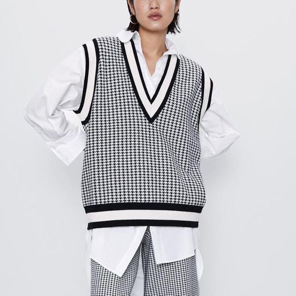 

sleeveless houndstooth women sweaters 2021 fall v neck casual knitted jumper pullovers korean loose winter vest sweater women's, White;black