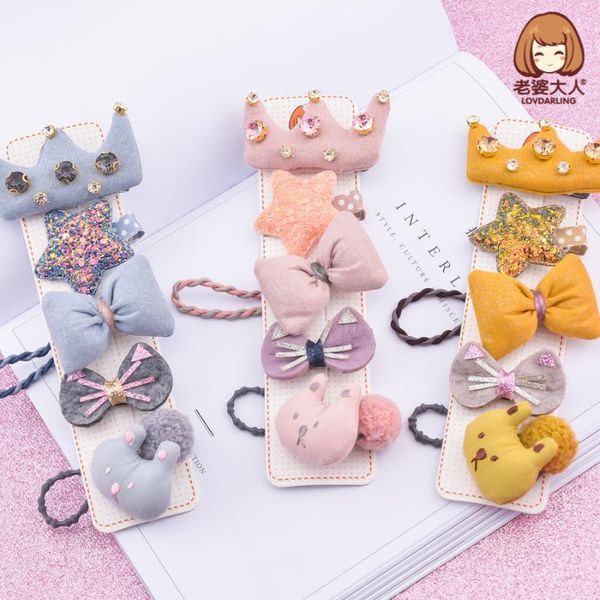

handmade plush ball sequined five-pointed star children's hair clips accessories combination, Slivery;white