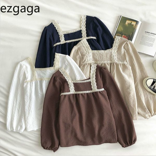 Ezgaga Camicette da donna Solido bordo in pizzo Colletto quadrato Capispalla Casual Autunno Camicie retrò coreane Manica lunga Chic Top 210430