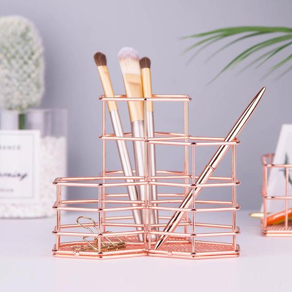 

hexagon composite cosmetics makeup brushes storage box golden rose gold multifunction desk pen pencil holder container organizer boxes & bin