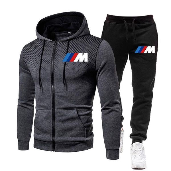 

fashion lent men 2021 sets gradient rits bmw hoodie + pure cats broek casual training suit sports gym brand men's clothing, Gray