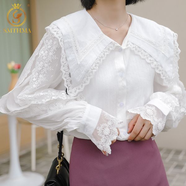 

women spring and autumn blouse shirts lace embroidery flowers long sleeve korean style elegant lady wild 210520, White