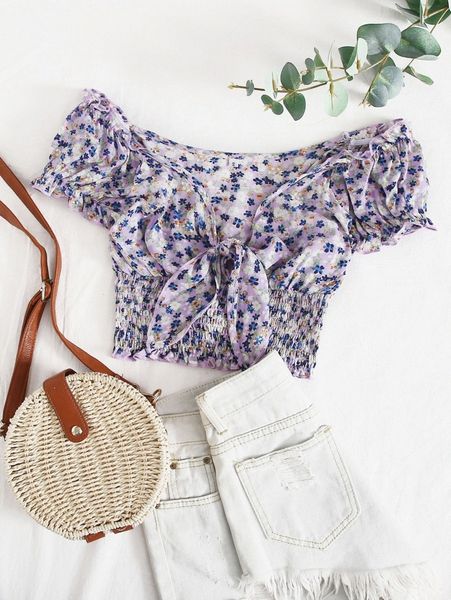 

tie front shirred waist ditsy floral p4cv#, White
