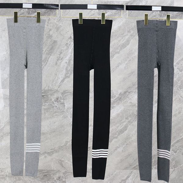 

tb four bar striped fall and winter leggings women wear tight thin leg thermal elastic women's yoga pants with velvet, Black