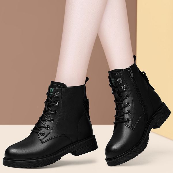 

boots women's winter shoe genuine leather ladies short warm lace up for student woman ankle n0012 4dwn, Black