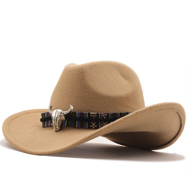 

europe us cross border western cowboy hat horn woolen jazz hats men and women ethnic style big - brimmed cap a1, Blue;gray