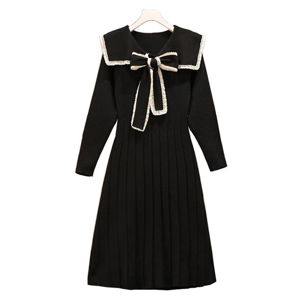 

black red bow sailor collar long sleeve knitted a-line knee length dress autumn chic elegant d3052 210514, Black;gray
