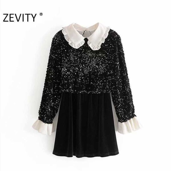 

zevity high street women sweet ruffles peter pan collar patchwork sequins mini dress female black velvet casual vestidos ds4583 210603, Black;gray