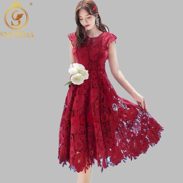 

luxury women elegant red lace dress hollow out chic runway dresses vestidos 210520, Black;gray