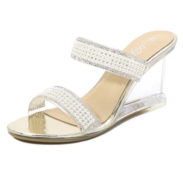 

slippers women wedges crystal string bead bling slides pvc transparent open toe sandals flip flops shoes plus size 43, Black