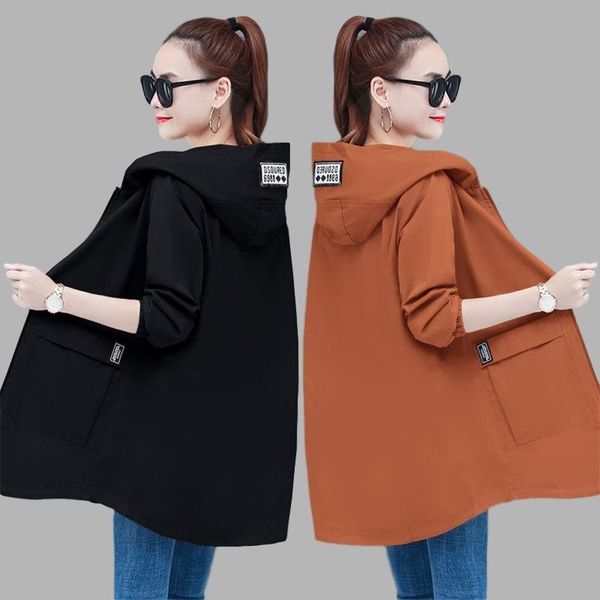 

women's trench coats spring female windbreaker hooded mid-length short jacket outerwear autumn casual basic plus size 6xl, Tan;black