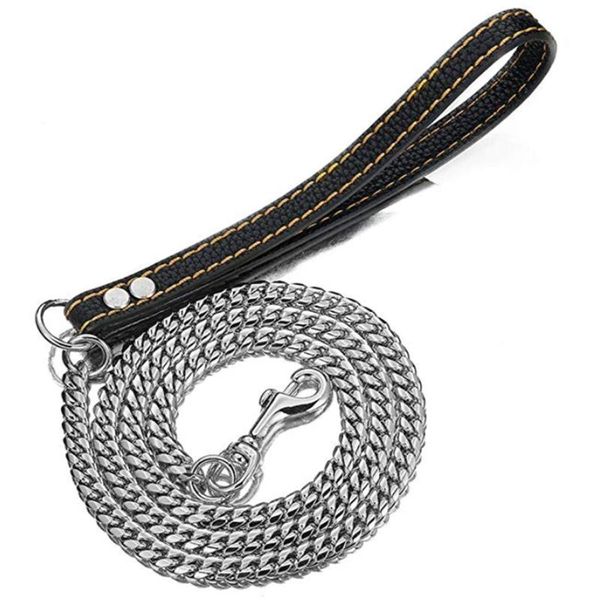 

12mm fashion strong leash 2ft 3ft 4ft silver color miami cuban curb link chain pet dog leashes with genuine black leather handle chains