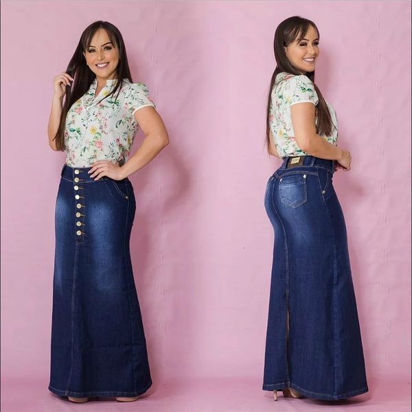 

jeans women casual front button a-line jean long skirt summer flare denim skirts plus size vintage, Blue