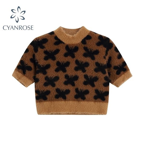 

o neck pullover crop sweater or knitted women short sleeve plush retro streetwear party club bar slim elastic knitwear 210515, White;black