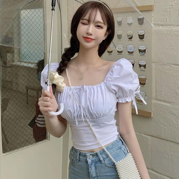 

women's blouses & shirts etosell square collar puff sleeve summer lace-up thin women blouse, White