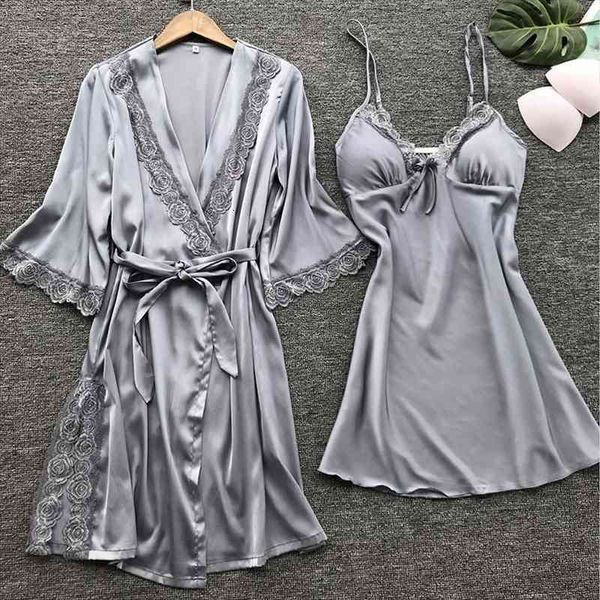 

lace silk women robe amp gown sets 2 pieces sleep set summer satin lingerie nightwear female sleepwear robe suit, Black;red