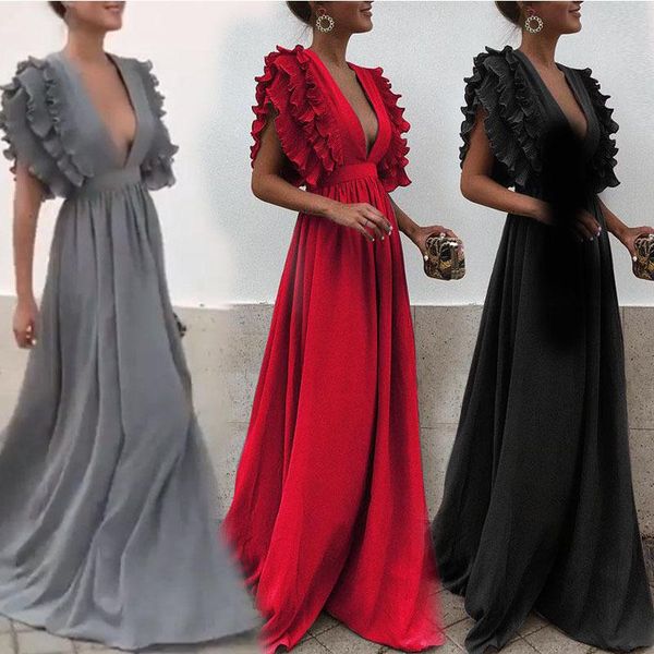 

ethnic clothing women's dress v-neck ruffle sleeve long skirt, Red