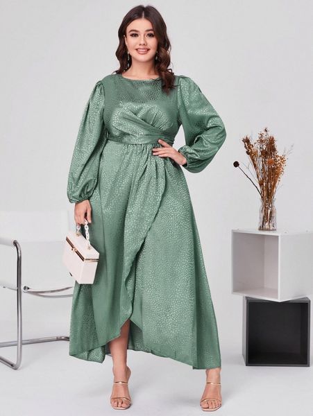

plus jacquard lantern sleeve wrap satin dress u7jf#, Black
