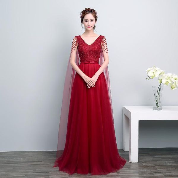 

ethnic clothing pearl mesh sleeve pleated qipao maxi burgundy bride wedding party dress gown v-neck cheongsam flower embroidery beads vestid, Red