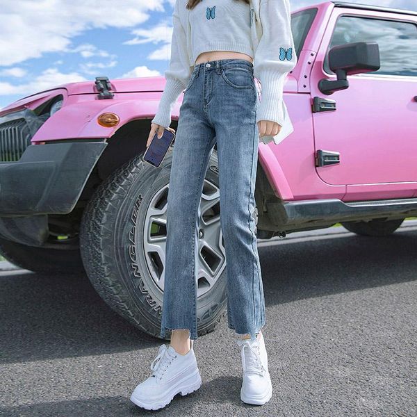 

women's jeans autumn cotton stretch skinny high waist slimming and straight retro loose small bell-bottoms ankle-length pants, Blue