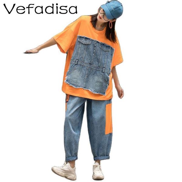 

women's two piece pants vefadisa 2021 summer women clothing orange denim patchwork suit stitching loose contrast color suit024, White