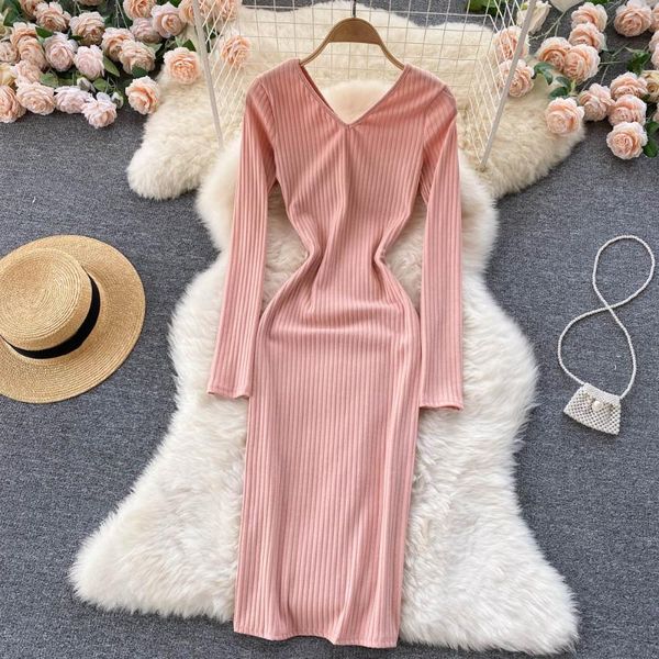

casual dresses french chic sweet dress woman v neck bodycon vestidos women knitted vestido feminino long sleeve robe femme, Black;gray
