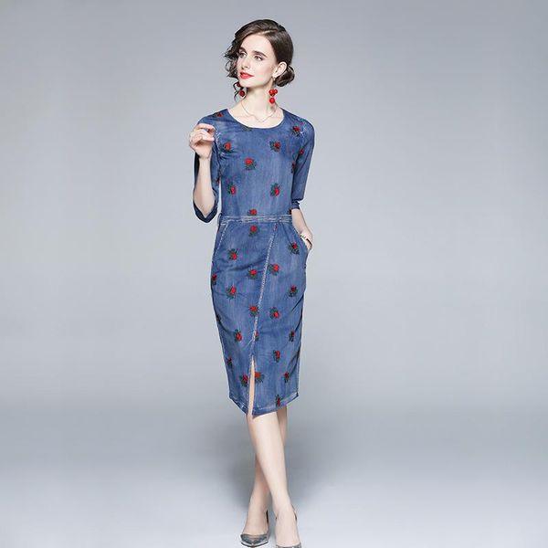 

casual dresses women dress office lady a-line embroidery mid-calf o-neck elegant for party vintage 2021 autumn, Black;gray