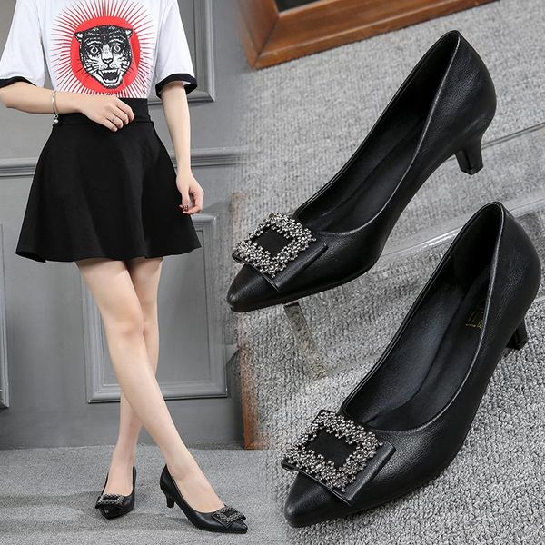 

dress shoes 2021 solid office ladies single summer metal buckle crystal women pumps sandals lazy shallow thin high heels stilettos, Black