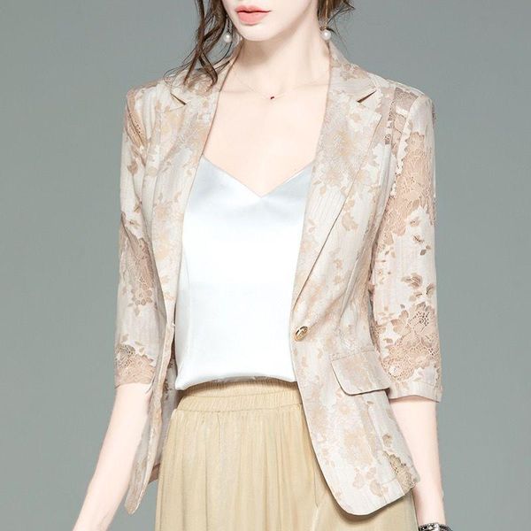 

women's jackets 2021 female thin coat big yards design feeling lace hollow-out suits, Black;brown