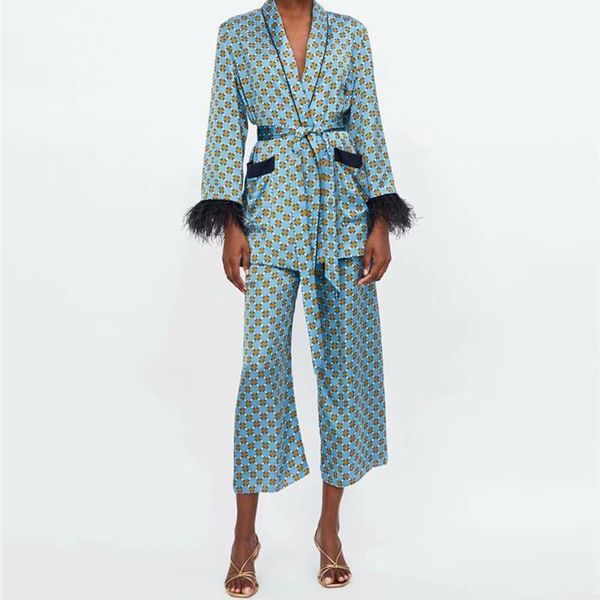 

women's two piece pants suits 2021 autumn blue printed kimono jacket with feather sleeves wide leg two-piece viintage clothing, White